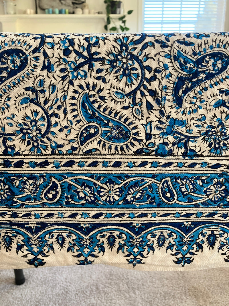 . Hand Printed Cotton Table Cloth with Natural Plant Dyes in Blue & White - Paisley Floral Pattern