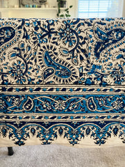 . Hand Printed Cotton Table Cloth with Natural Plant Dyes in Blue & White - Paisley Floral Pattern