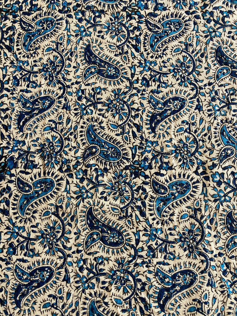 . Hand Printed Cotton Table Cloth with Natural Plant Dyes in Blue & White - Paisley Floral Pattern