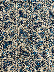 . Hand Printed Cotton Table Cloth with Natural Plant Dyes in Blue & White - Paisley Floral Pattern