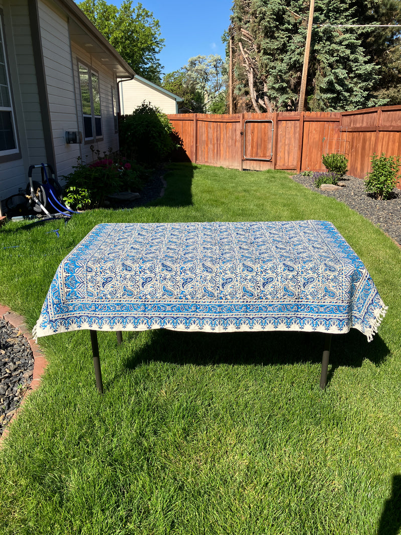 . Hand Printed Cotton Table Cloth with Natural Plant Dyes in Blue & White - Paisley Floral Pattern