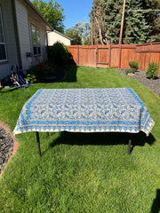. Hand Printed Cotton Table Cloth with Natural Plant Dyes in Blue & White - Paisley Floral Pattern