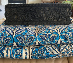 . Hand Printed Cotton Table Cloth with Natural Plant Dyes in Blue & White - Paisley Floral Pattern