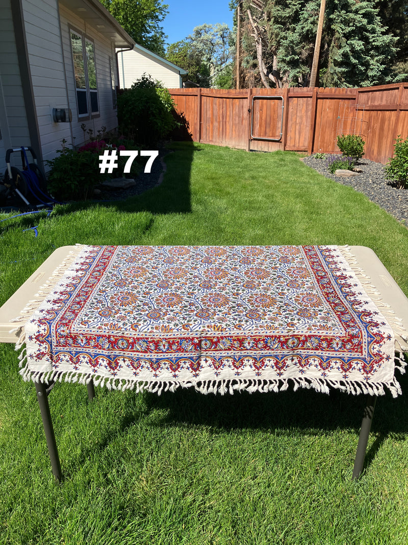 Hand Printed Cotton Table Cloth with Natural Plant Dyes in Red, Blue, Green, Yellow/Orange & Off White - Paisley Floral Vines Sunflowers Patterns