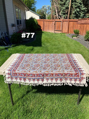 Hand Printed Cotton Table Cloth with Natural Plant Dyes in Red, Blue, Green, Yellow/Orange & Off White - Paisley Floral Vines Sunflowers Patterns
