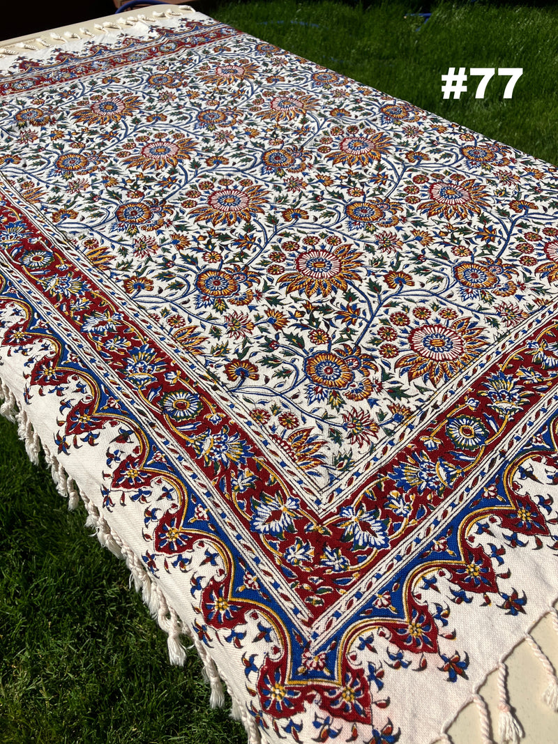 . Hand Printed Cotton Table Cloth with Natural Plant Dyes in Red, Blue, Green, Yellow/Orange & Off White - Paisley Floral Vines Sunflowers Patterns