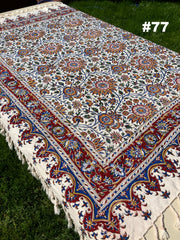 . Hand Printed Cotton Table Cloth with Natural Plant Dyes in Red, Blue, Green, Yellow/Orange & Off White - Paisley Floral Vines Sunflowers Patterns