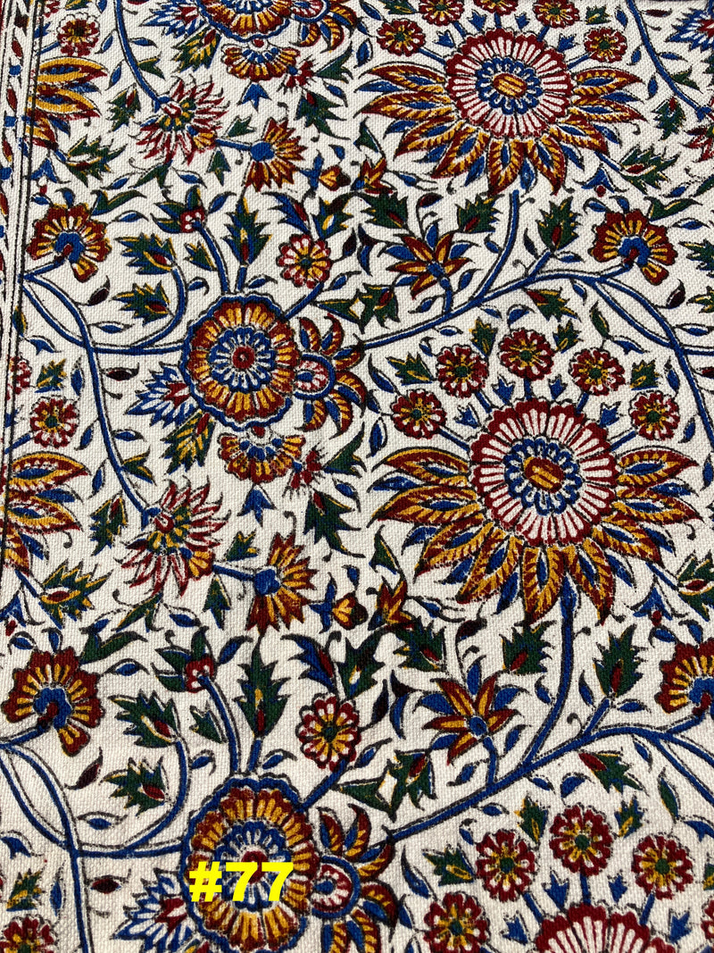 Hand Printed Cotton Table Cloth with Natural Plant Dyes in Red, Blue, Green, Yellow/Orange & Off White - Paisley Floral Vines Sunflowers Patterns