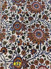 Hand Printed Cotton Table Cloth with Natural Plant Dyes in Red, Blue, Green, Yellow/Orange & Off White - Paisley Floral Vines Sunflowers Patterns