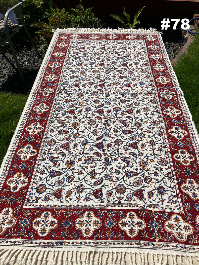 Hand Printed Cotton Table Cloth with Natural Plant Dyes in Red, Blue, Green, Yellow/Orange & Off White - Paisley Floral Vines Sunflowers Patterns