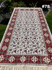 Hand Printed Cotton Table Cloth with Natural Plant Dyes in Red, Blue, Green, Yellow/Orange & Off White - Paisley Floral Vines Sunflowers Patterns