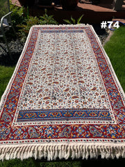 Hand Printed Cotton Table Cloth with Natural Plant Dyes in Red, Blue, Green, Yellow/Orange & Off White - Paisley Floral Vines Sunflowers Patterns