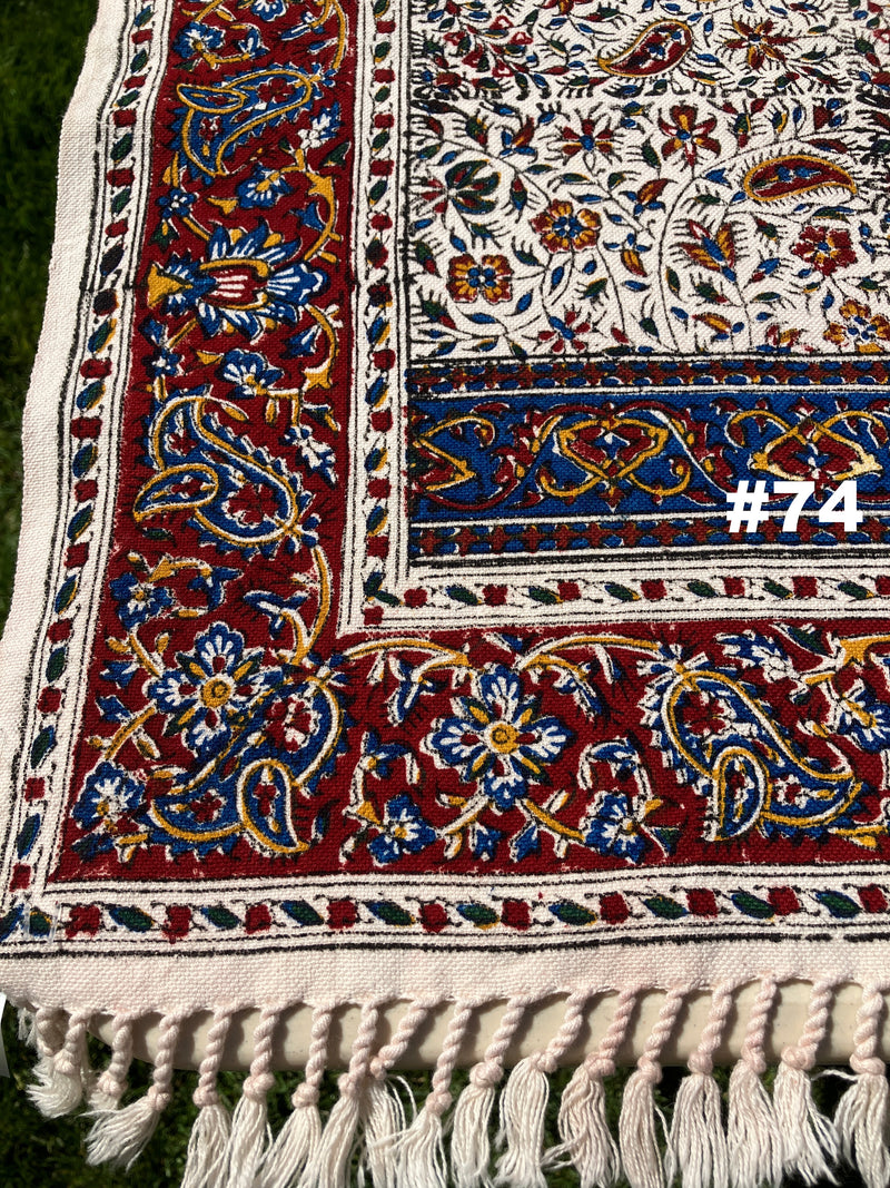 Hand Printed Cotton Table Cloth with Natural Plant Dyes in Red, Blue, Green, Yellow/Orange & Off White - Paisley Floral Vines Sunflowers Patterns