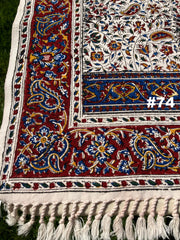 Hand Printed Cotton Table Cloth with Natural Plant Dyes in Red, Blue, Green, Yellow/Orange & Off White - Paisley Floral Vines Sunflowers Patterns