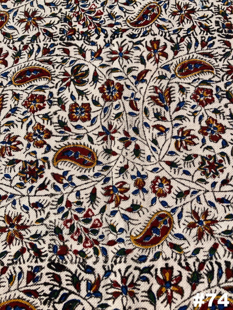 Hand Printed Cotton Table Cloth with Natural Plant Dyes in Red, Blue, Green, Yellow/Orange & Off White - Paisley Floral Vines Sunflowers Patterns