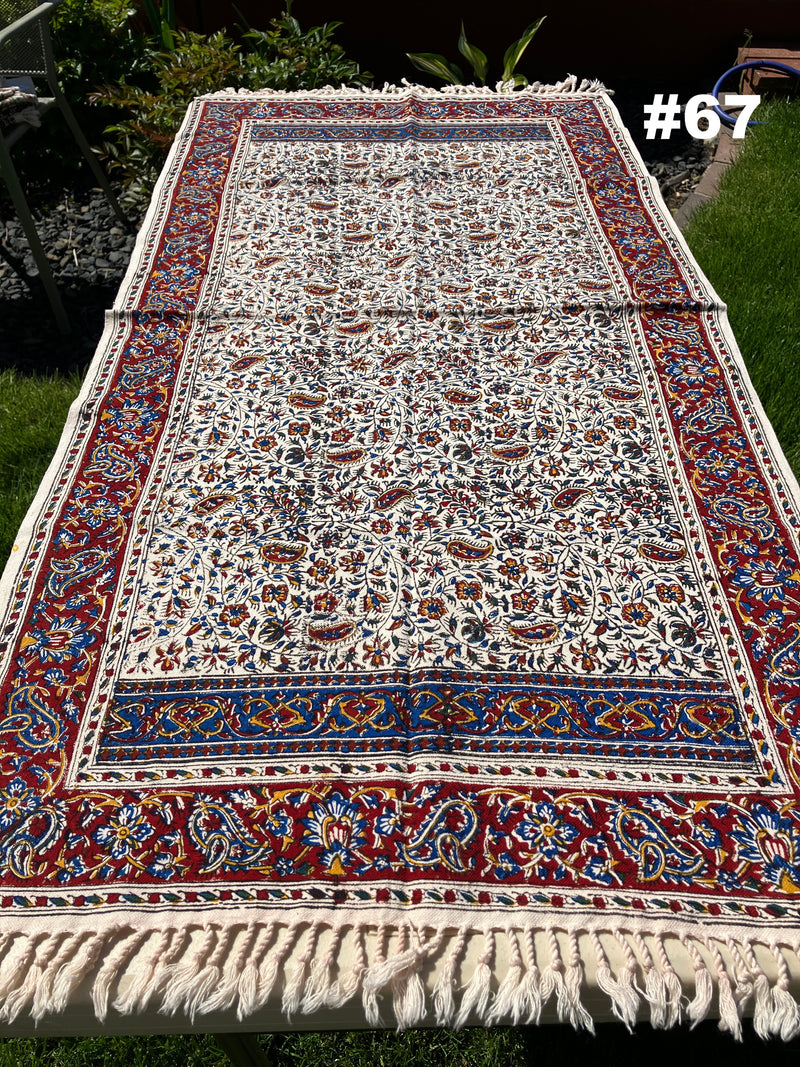Hand Printed Cotton Table Cloth with Natural Plant Dyes in Red, Blue, Green, Yellow/Orange & Off White - Paisley Floral Vines Sunflowers Patterns