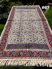 Hand Printed Cotton Table Cloth with Natural Plant Dyes in Red, Blue, Green, Yellow/Orange & Off White - Paisley Floral Vines Sunflowers Patterns