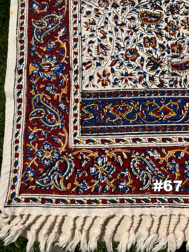 Hand Printed Cotton Table Cloth with Natural Plant Dyes in Red, Blue, Green, Yellow/Orange & Off White - Paisley Floral Vines Sunflowers Patterns