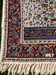 Hand Printed Cotton Table Cloth with Natural Plant Dyes in Red, Blue, Green, Yellow/Orange & Off White - Paisley Floral Vines Sunflowers Patterns