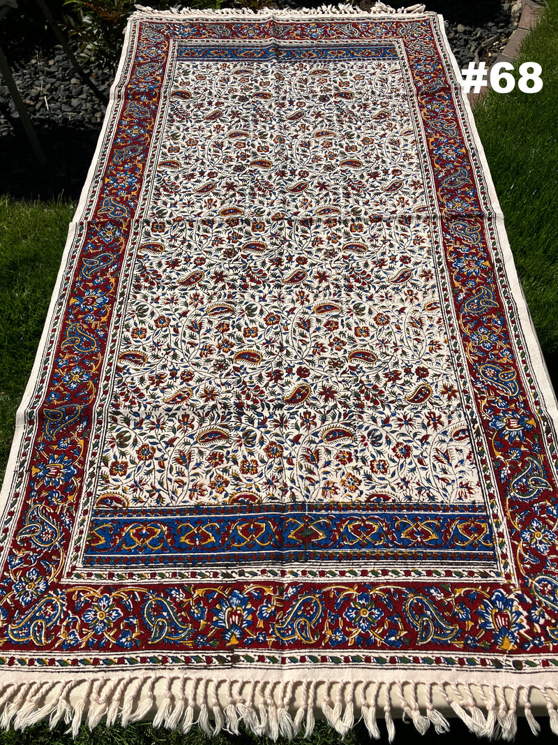 Hand Printed Cotton Table Cloth with Natural Plant Dyes in Red, Blue, Green, Yellow/Orange & Off White - Paisley Floral Vines Sunflowers Patterns