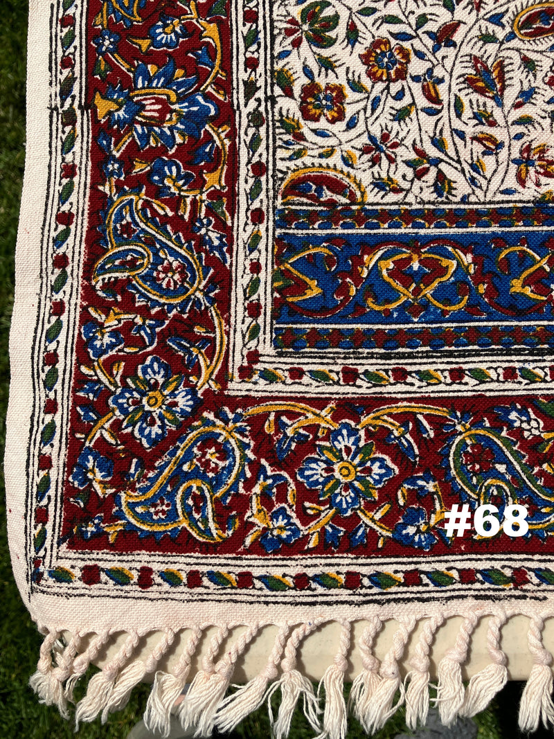 Hand Printed Cotton Table Cloth with Natural Plant Dyes in Red, Blue, Green, Yellow/Orange & Off White - Paisley Floral Vines Sunflowers Patterns