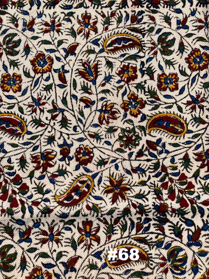 Hand Printed Cotton Table Cloth with Natural Plant Dyes in Red, Blue, Green, Yellow/Orange & Off White - Paisley Floral Vines Sunflowers Patterns