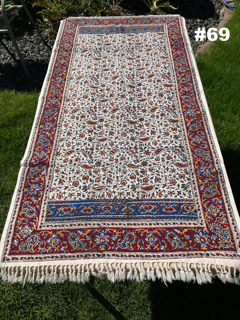 Hand Printed Cotton Table Cloth with Natural Plant Dyes in Red, Blue, Green, Yellow/Orange & Off White - Paisley Floral Vines Sunflowers Patterns