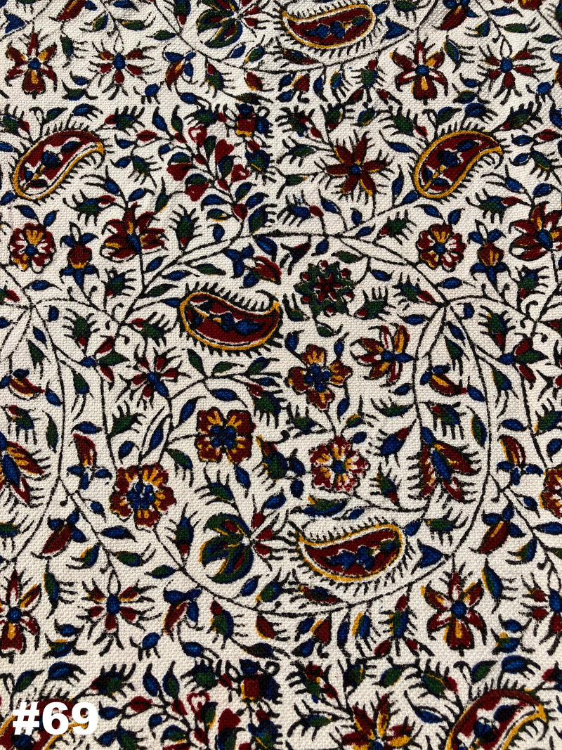 Hand Printed Cotton Table Cloth with Natural Plant Dyes in Red, Blue, Green, Yellow/Orange & Off White - Paisley Floral Vines Sunflowers Patterns