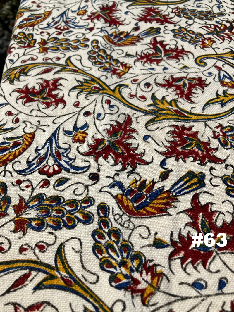 Hand Printed Cotton Table Cloth with Natural Plant Dyes in Red, Blue, Green, Yellow/Orange & Off White - Paisley Floral Vines Sunflowers Patterns