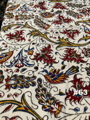 Hand Printed Cotton Table Cloth with Natural Plant Dyes in Red, Blue, Green, Yellow/Orange & Off White - Paisley Floral Vines Sunflowers Patterns