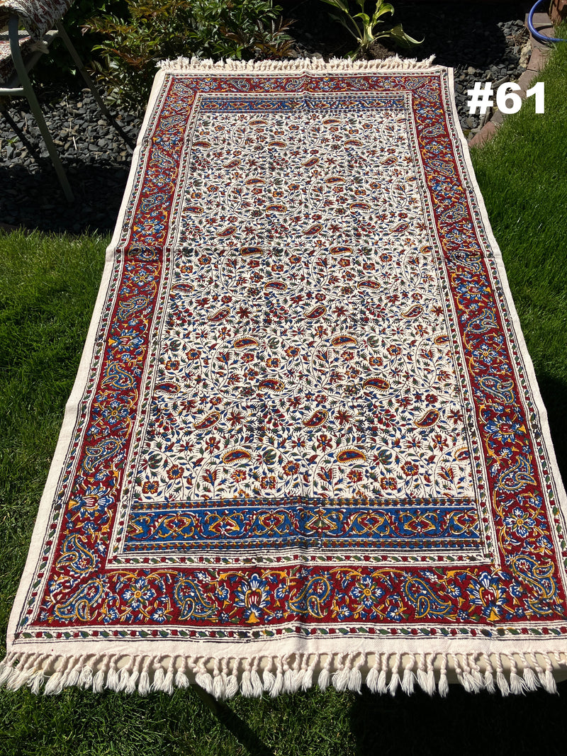 Hand Printed Cotton Table Cloth with Natural Plant Dyes in Red, Blue, Green, Yellow/Orange & Off White - Paisley Floral Vines Sunflowers Patterns