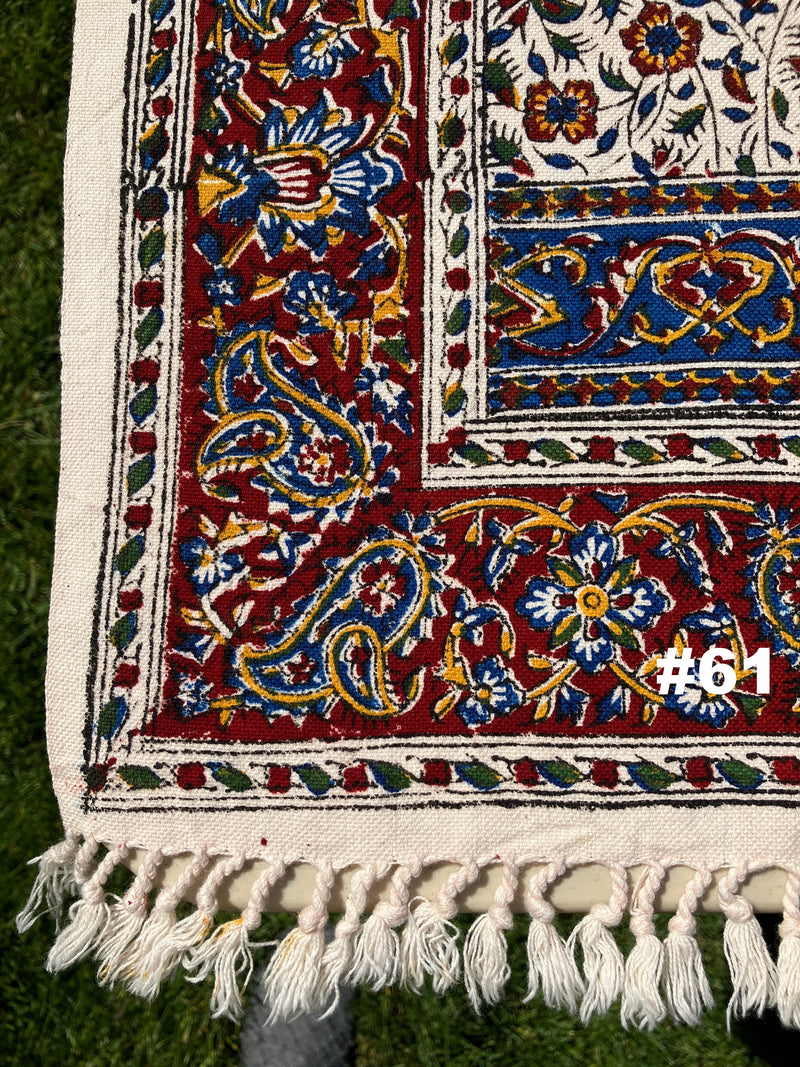 Hand Printed Cotton Table Cloth with Natural Plant Dyes in Red, Blue, Green, Yellow/Orange & Off White - Paisley Floral Vines Sunflowers Patterns