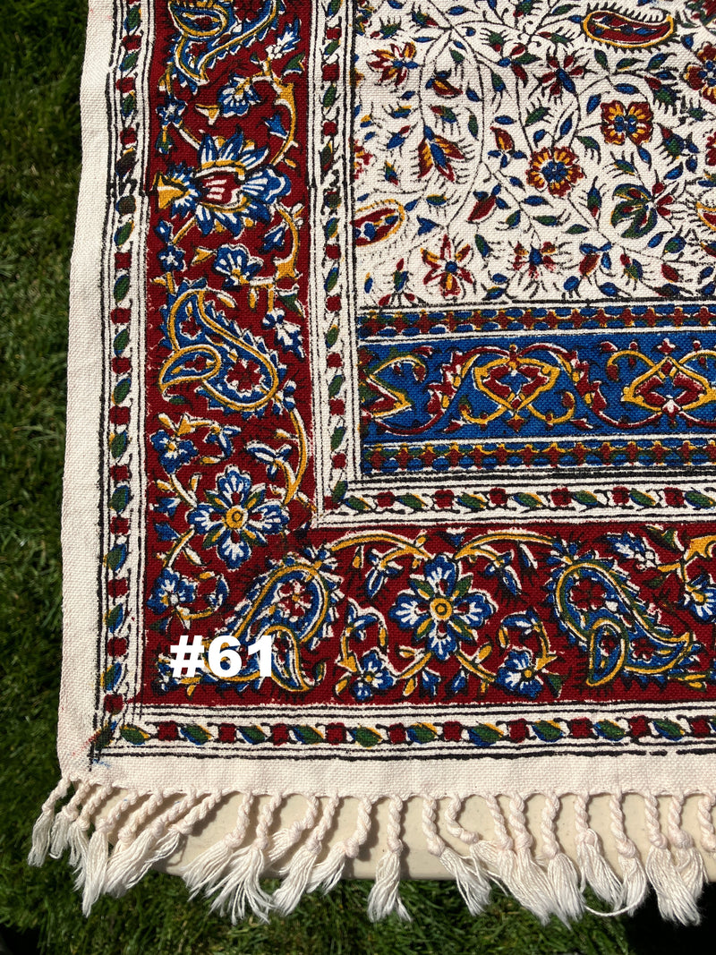 Hand Printed Cotton Table Cloth with Natural Plant Dyes in Red, Blue, Green, Yellow/Orange & Off White - Paisley Floral Vines Sunflowers Patterns