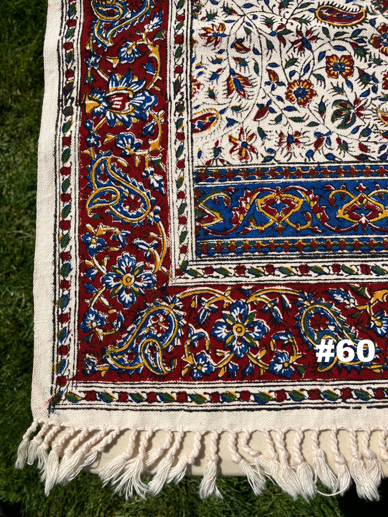 Hand Printed Cotton Table Cloth with Natural Plant Dyes in Red, Blue, Green, Yellow/Orange & Off White - Paisley Floral Vines Sunflowers Patterns