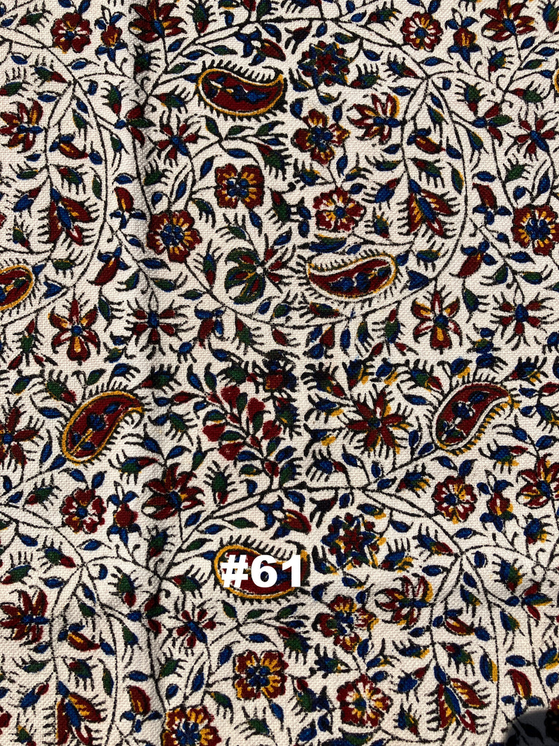 Hand Printed Cotton Table Cloth with Natural Plant Dyes in Red, Blue, Green, Yellow/Orange & Off White - Paisley Floral Vines Sunflowers Patterns