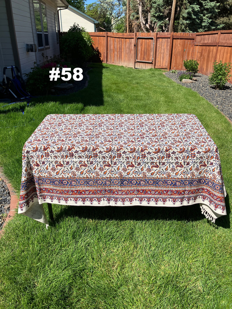 Hand Printed Cotton Table Cloth with Natural Plant Dyes in Red, Blue, Green, Yellow/Orange & Off White - Paisley Floral Vines Sunflowers Patterns