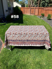 Hand Printed Cotton Table Cloth with Natural Plant Dyes in Red, Blue, Green, Yellow/Orange & Off White - Paisley Floral Vines Sunflowers Patterns