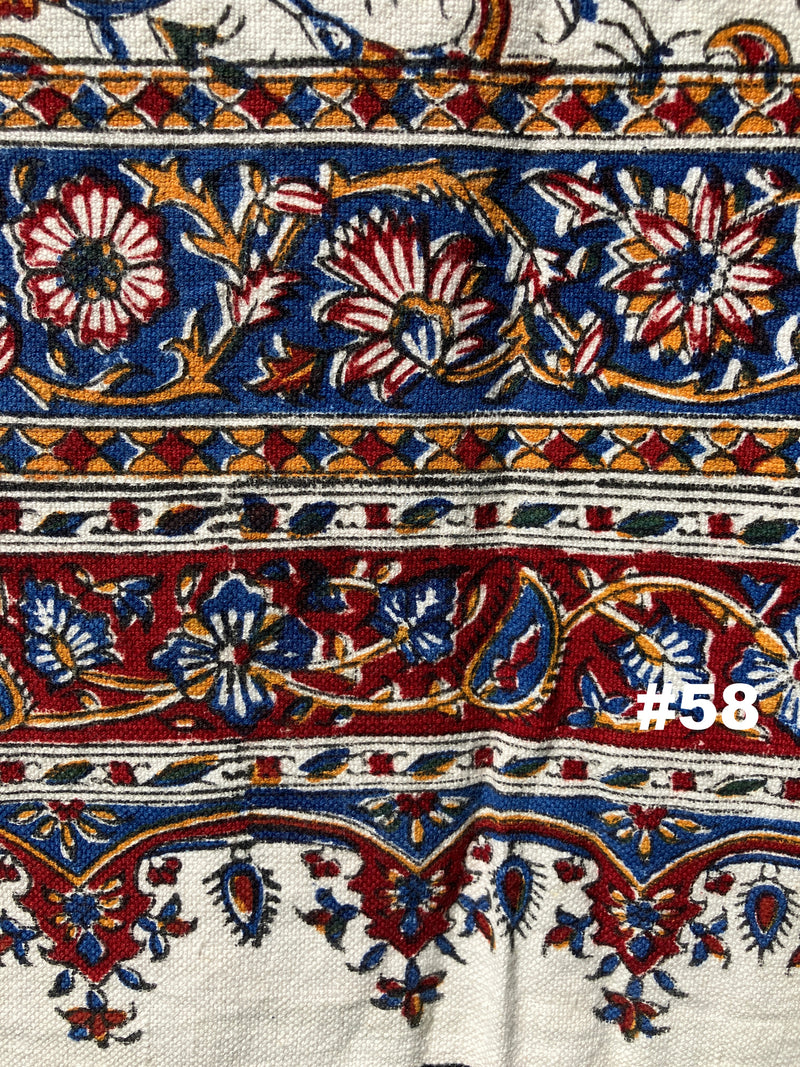 Hand Printed Cotton Table Cloth with Natural Plant Dyes in Red, Blue, Green, Yellow/Orange & Off White - Paisley Floral Vines Sunflowers Patterns