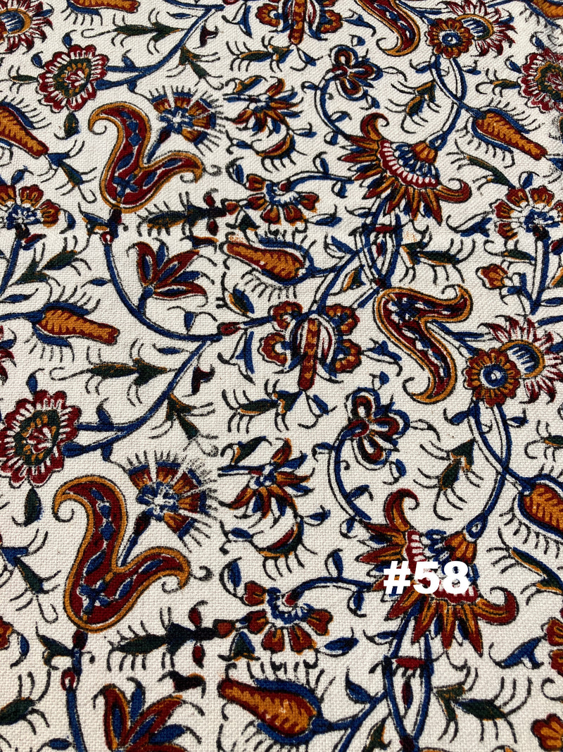 Hand Printed Cotton Table Cloth with Natural Plant Dyes in Red, Blue, Green, Yellow/Orange & Off White - Paisley Floral Vines Sunflowers Patterns