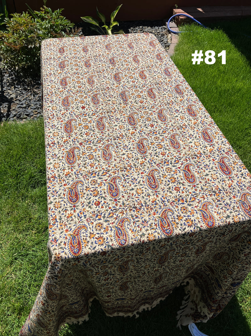Hand Printed LARGE Cotton Tablecloth with Natural Plant Dyes in Red, Blue, Green, Yellow/Orange on Beige Cloth