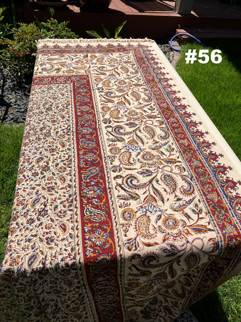 . Hand Printed LARGE Cotton Tablecloth with Natural Plant Dyes in Red, Blue, Green, Yellow/Orange on Beige Cloth