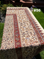 . Hand Printed LARGE Cotton Tablecloth with Natural Plant Dyes in Red, Blue, Green, Yellow/Orange on Beige Cloth