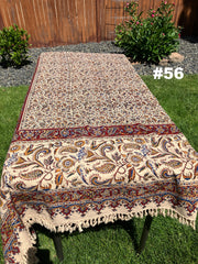Hand Printed LARGE Cotton Tablecloth with Natural Plant Dyes in Red, Blue, Green, Yellow/Orange on Beige Cloth