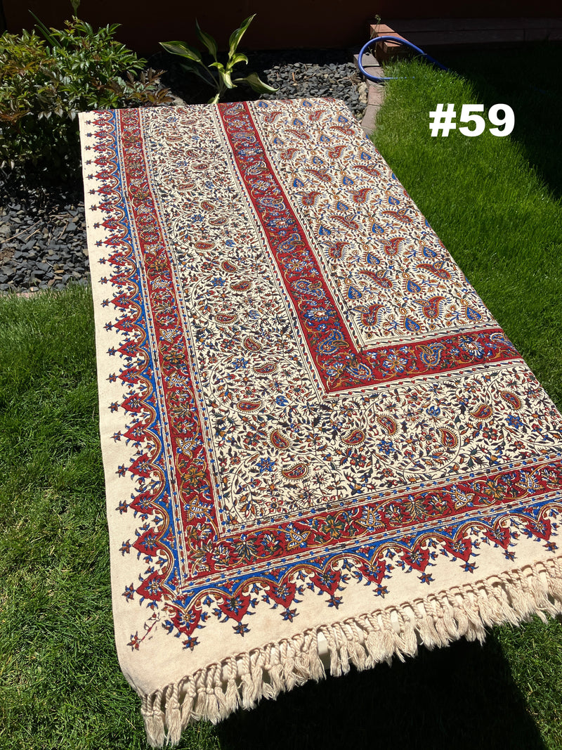 Hand Printed LARGE Cotton Tablecloth with Natural Plant Dyes in Red, Blue, Green, Yellow/Orange on Beige Cloth