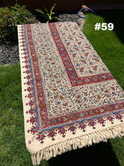 Hand Printed LARGE Cotton Tablecloth with Natural Plant Dyes in Red, Blue, Green, Yellow/Orange on Beige Cloth