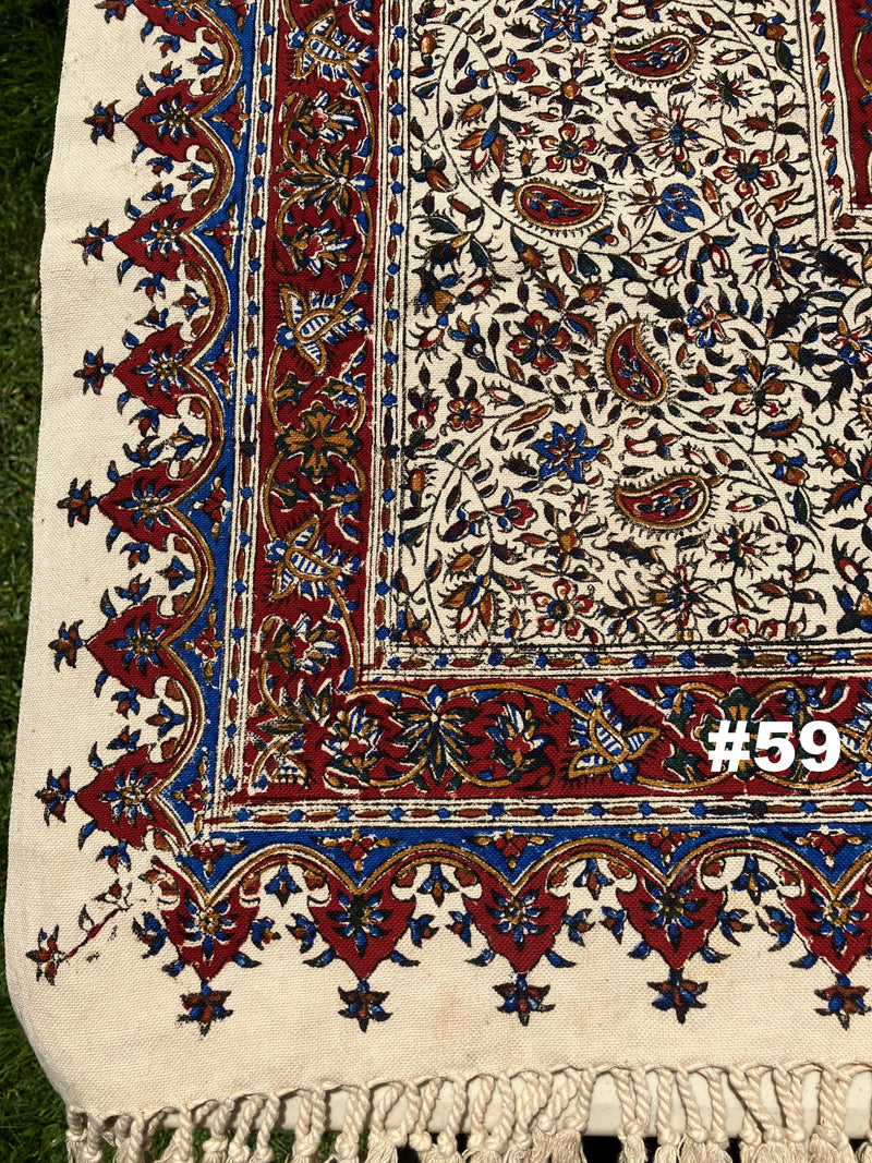 Hand Printed LARGE Cotton Tablecloth with Natural Plant Dyes in Red, Blue, Green, Yellow/Orange on Beige Cloth