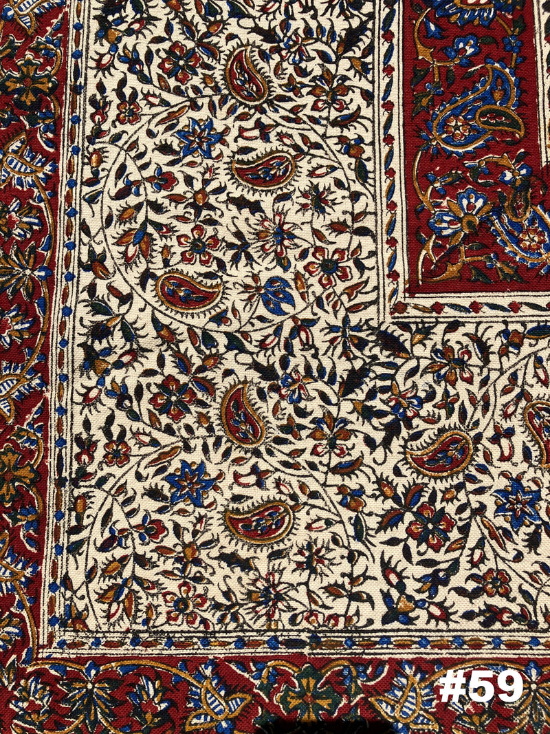 Hand Printed LARGE Cotton Tablecloth with Natural Plant Dyes in Red, Blue, Green, Yellow/Orange on Beige Cloth