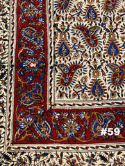 Hand Printed LARGE Cotton Tablecloth with Natural Plant Dyes in Red, Blue, Green, Yellow/Orange on Beige Cloth