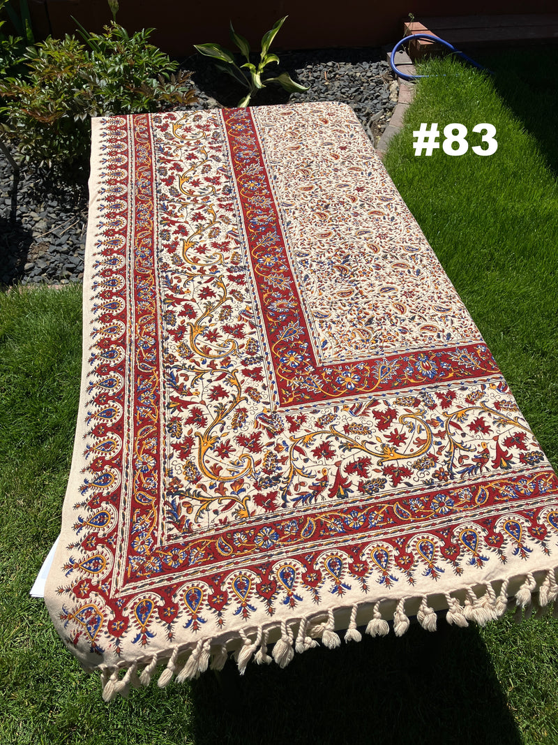 Hand Printed LARGE Cotton Tablecloth with Natural Plant Dyes in Red, Blue, Green, Yellow/Orange on Beige Cloth