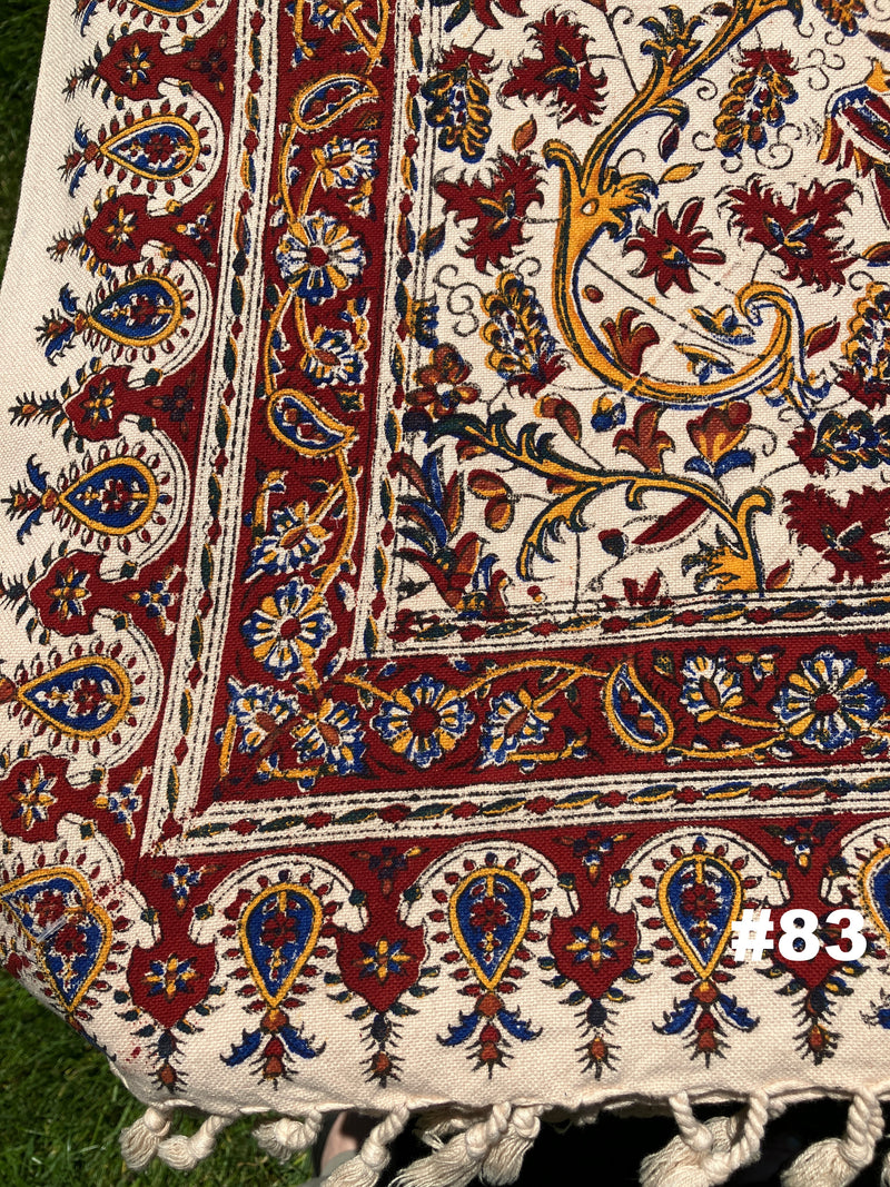 Hand Printed LARGE Cotton Tablecloth with Natural Plant Dyes in Red, Blue, Green, Yellow/Orange on Beige Cloth